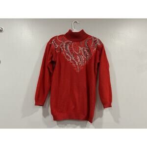 IB Diffusion Red Silk Blend Turtleneck Sweater Shoulder Pads Christmas XS